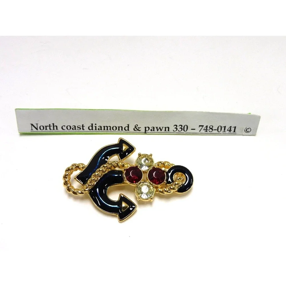Vintage Gold Tone Nautical Anchor Brooch Navy Enamel Red Clear Rhinestones DW13